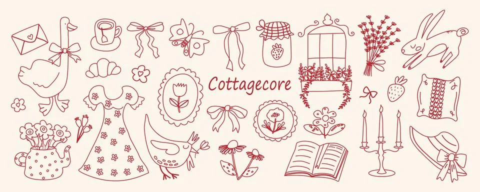 Cute vintage cottagecore elements in hand drawn sketch style. Line art of f.. Stock Illustration