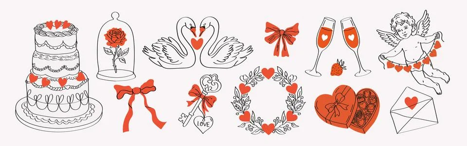 Cute vintage hand drawn elements with whimsical bows, ribbons, hearts, cupi.. Stock Illustration