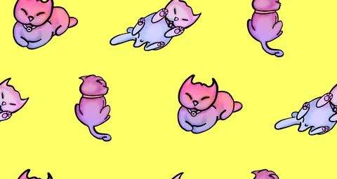 Cute violet cats in a seamless pattern on yellow. Illustrazione stock