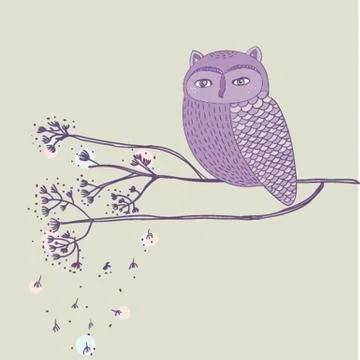 Cute violet owl on the tree branch Illustrazione stock