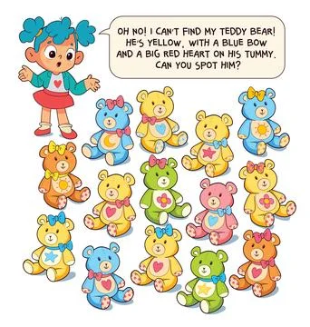 Cute visual puzzle for kids. Help the girl find her missing bear Stock Illustration
