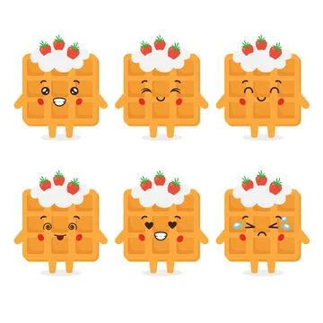 Cute Waffle Strawberry With Various Expression Stock Illustration