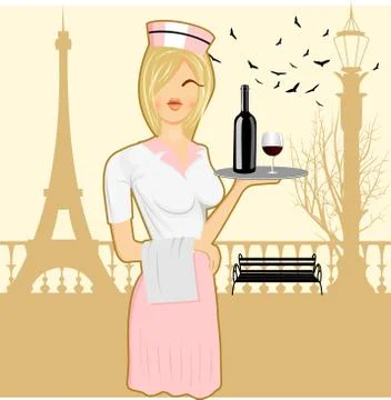 Cute waitress holding serving tray 스톡 일러스트