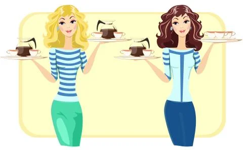 Cute Waitress with Tea and Coffee in the Restaurant, Vector Stock Illustration