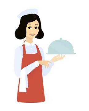 Cute waitress with the tray dish.Cartoon vector flat illustration design. Stock Illustration