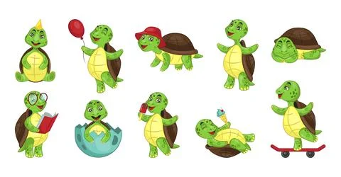 Cute walking turtle, tortoise activities. Happy biology wildlife, green zoo.. 스톡 일러스트