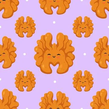 Cute walnut character seamless pattern on purple background Stock Illustration