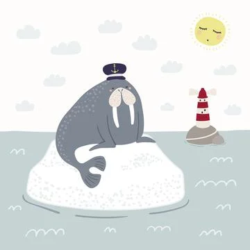 Cute walrus in cap on iceberg, waves, lighthouse Stock Illustration