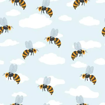 Cute wasp bee seamless pattern. cartoon Honey background. Vector bee illustra Stock Illustration