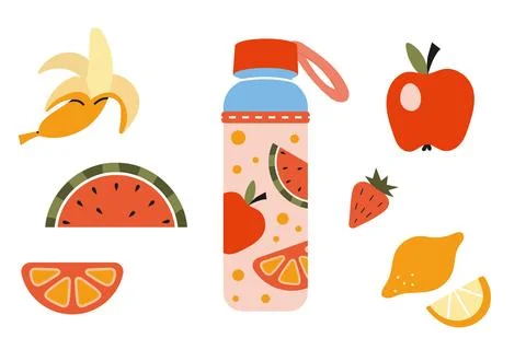 Cute water bottle in case with fruit, cartoon style. Trendy modern vector i.. Stock Illustration