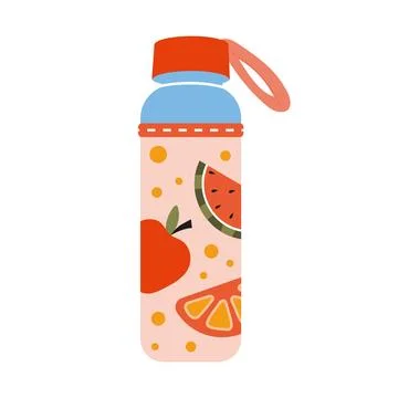Cute water bottle in case with fruit, cartoon style. Trendy modern vector i.. Stock Illustration