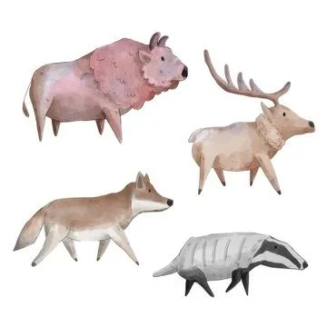Cute watercolor animals set with wolf, bear, reindeer, and raccoon Ilustração Stock