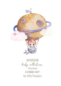 Cute watercolor astronaut intro air baloon and stars in space for birthday pa Stock Illustration