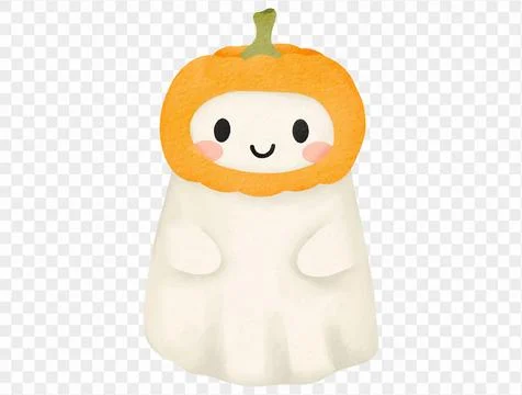 Cute watercolor ghost with pumpkin hat, Halloween illustration vector. Stock Illustration
