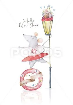 Cute watercolor little mouse dancing and vintage light lamp. Christmas card h Stock Illustrationen