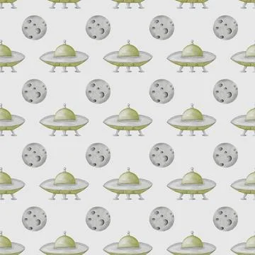 Cute watercolor pattern featuring UFOs and moons for baby-themed design pro.. Stock Illustration