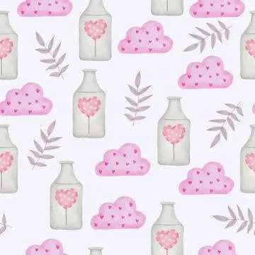 Cute watercolor pattern with pink clouds, bottles, and leaves イラスト素材