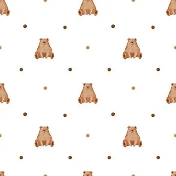 Cute watercolor pattern seamless with bear and dots. Cute teddy bear for Stock Illustration
