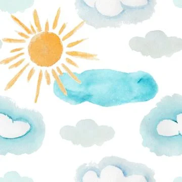 Cute watercolor pattern with sun and clouds Stock Illustration