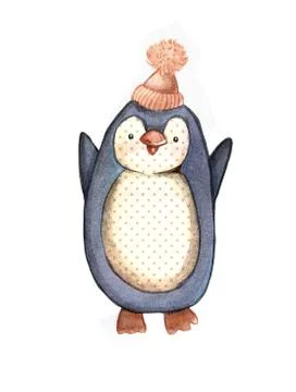 Cute watercolor penguin , isolated illustration good for baby clothes print,  Stock Illustration