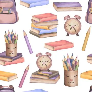 Cute watercolor seamless pattern with school supplies Stock Illustration