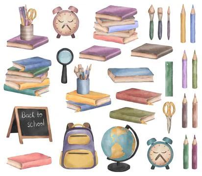 Cute watercolor set with school supplies. Stock Illustration