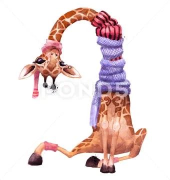 Cute watercolor winter giraffe Stock Illustration