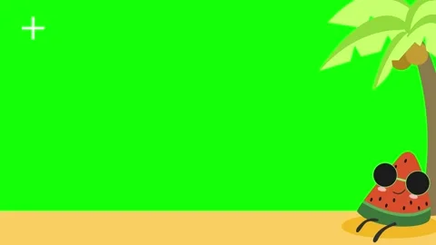 Cute watermelon character on beach. Funny fruit mascot relaxing under palm tree. Video stock 340943846