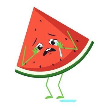 Cute watermelon character with crying and tears emotions, face, arms and legs Stock Illustration