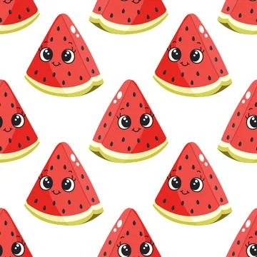 Cute Watermelon Seamless Pattern with Smiling Cartoon Faces Stock Illustration
