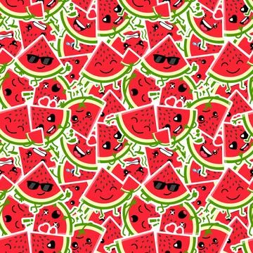 Cute Watermelon Sticker Pattern Background with Kawaii Cartoon Fruit Characte Stock Illustration