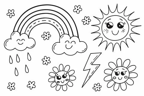 Cute weather and nature elements for kids coloring page. sun, rainbow, clouds. 스톡 일러스트