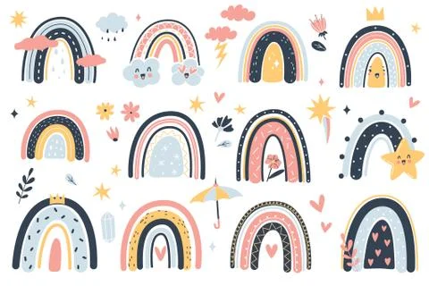Cute weather elements. Childish boho rainbows and clouds, doodle cartoon style 스톡 일러스트