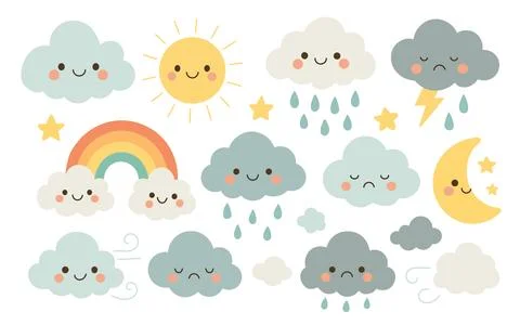 Cute weather elements with smiling sun, clouds, thunder, and raindrops in pastel 스톡 일러스트