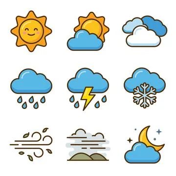 Cute weather forecast flat icon set with thick outline on white. Stock Illustration