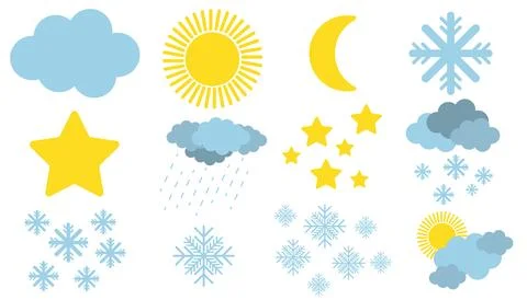 Cute weather phenomena set - clouds, thunderstorm, snow, rain, sun and cres.. Illustrazione stock