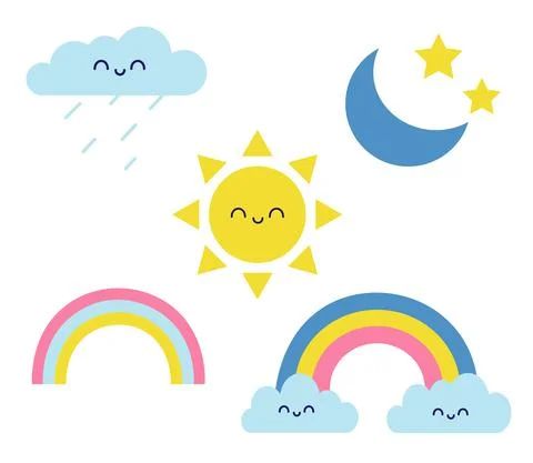 Cute weather set. Sun, moon, rainbow and happy clouds. Vector flat illustration Illustrazione stock