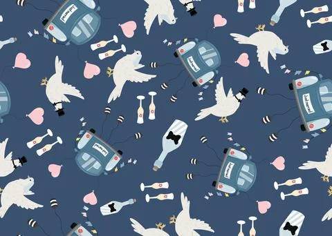 Cute wedding seamless pattern with newlyweds car, white doves and champagne Stock Illustration
