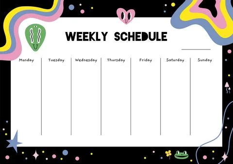 Cute weekly chedule with funny comic characters, abstract shapes and doodle.. Stock Illustration