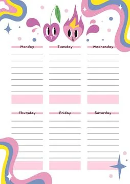 Cute weekly chedule with funny comic characters, abstract shapes and doodles, Stock Illustration