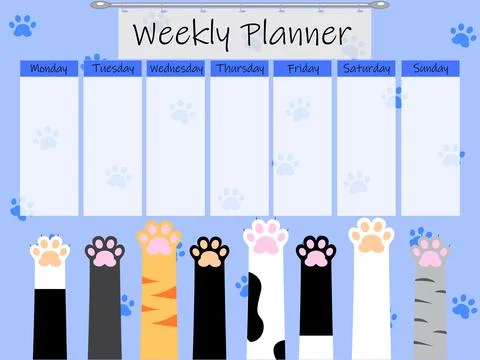 Cute weekly to do list template with an illustration of cat paws. Weekly pl.. Stock Illustration