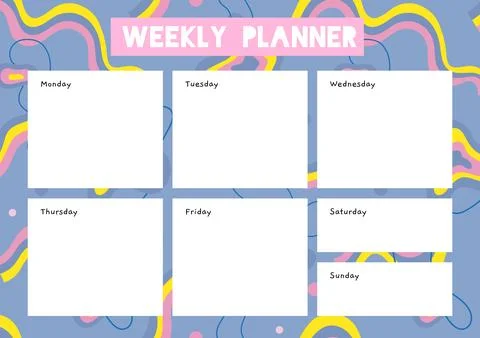 Cute weekly planner with abstract shapes and doodles, cartoon style. Trendy m Stock Illustration
