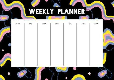 Cute weekly planner with abstract shapes and doodles, cartoon style. Trendy m Illustrazione stock