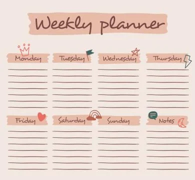 Cute weekly planner background with chat bubble, rainbow, bolt, cloud, crown  Stock Illustration