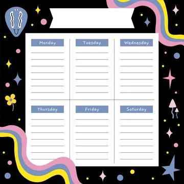Cute weekly planner background with funny comic characters, abstract shapes a Stock Illustration