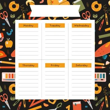 Cute weekly planner background template with school stationery and art supp.. Illustrazione stock
