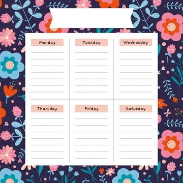 Cute weekly planner background template with a spring vibe, flower pattern,.. Stock Illustration