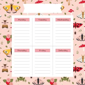 Cute weekly planner background template with a summer vibe, moth, mushrooms.. Stock Illustration