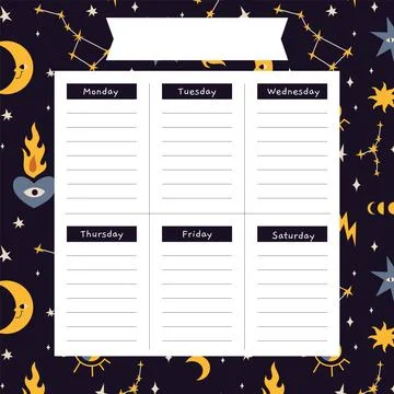 Cute weekly planner background template with Sun and moon, constellations, .. Stock Illustration