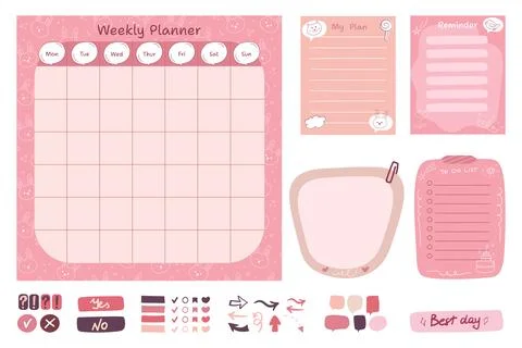 Cute Weekly planner with bunny pattern, to do list and reminder notes Illustrazione stock